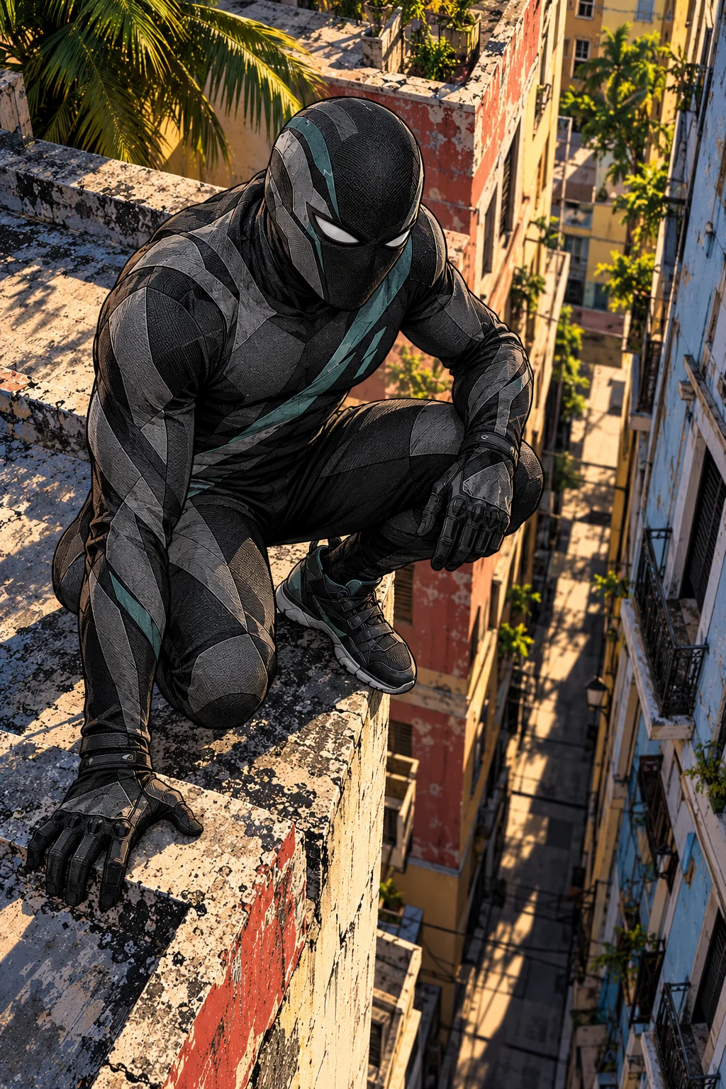 Aftermark crouched along a Santurce rooftop route