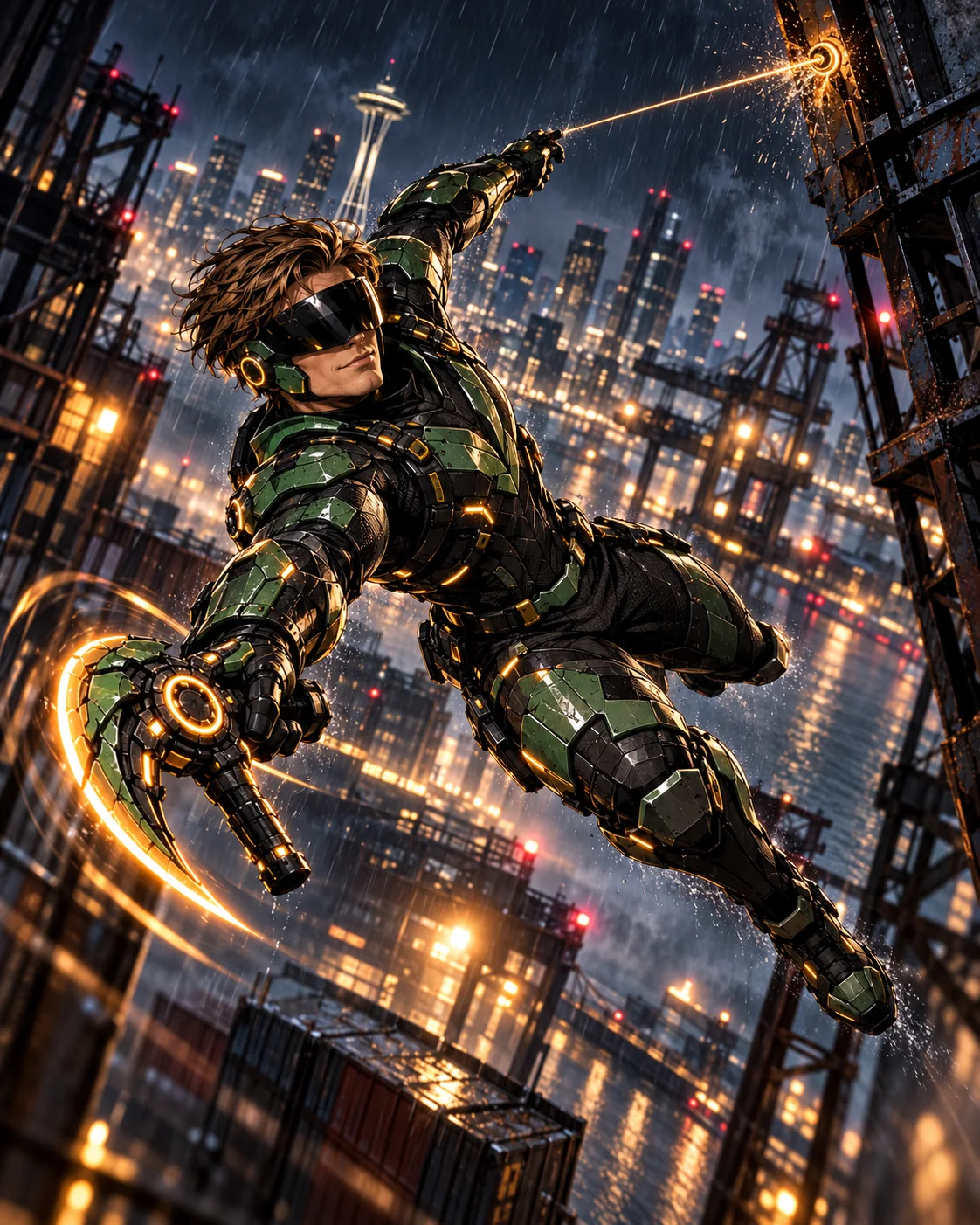 Agent Emerald moving through the air above a rain-soaked industrial district