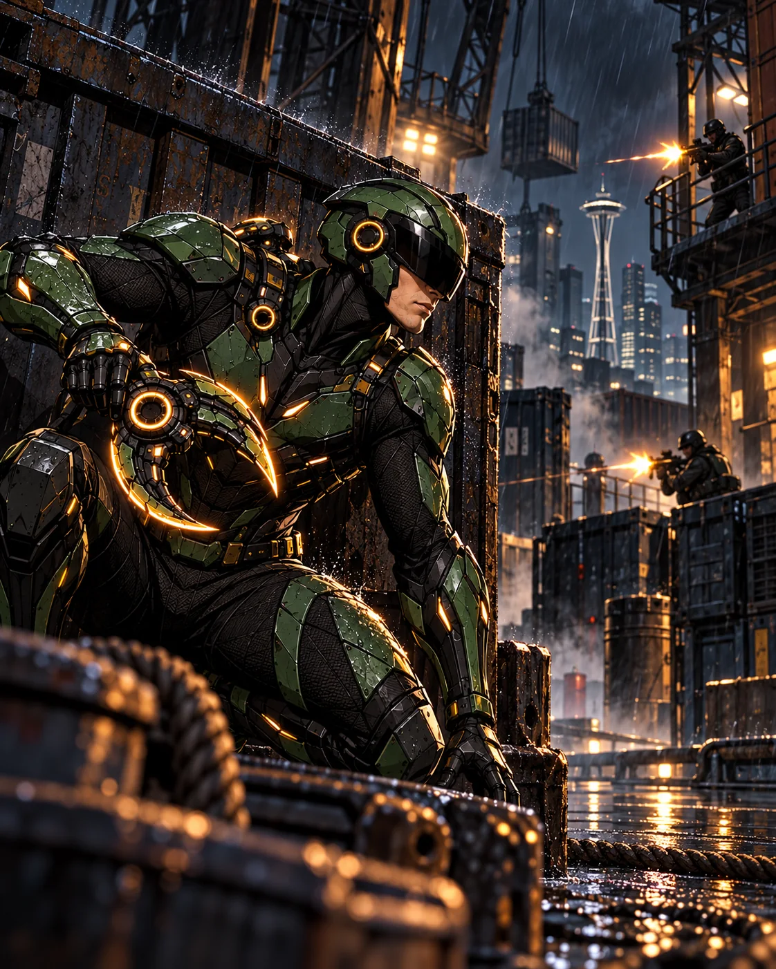 Agent Emerald crouched behind cover during a rainy Seattle operation