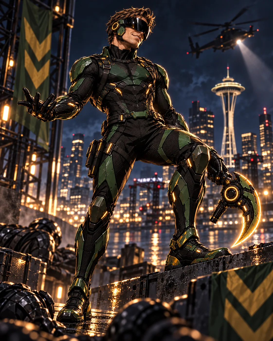 Agent Emerald standing over a rain-soaked Seattle industrial district