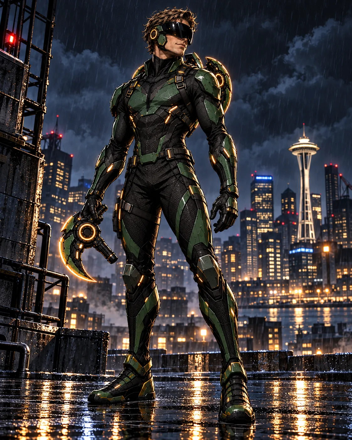 Agent Emerald in a rain-soaked Seattle industrial district