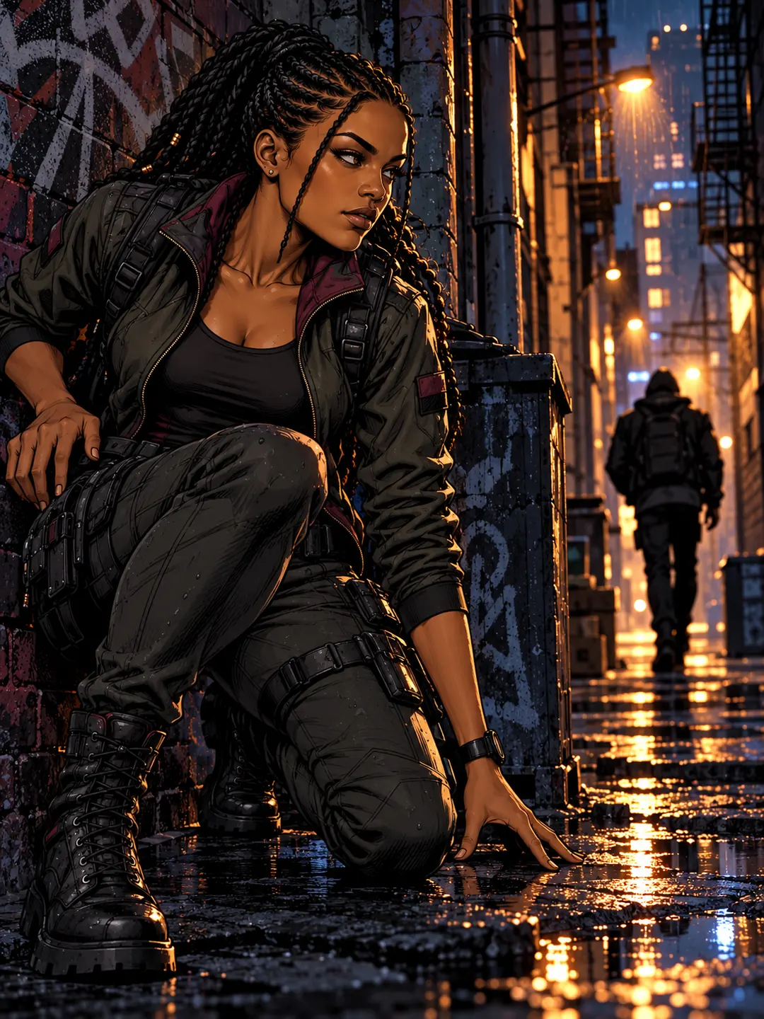 Amari observing a person down a rain-soaked city alley
