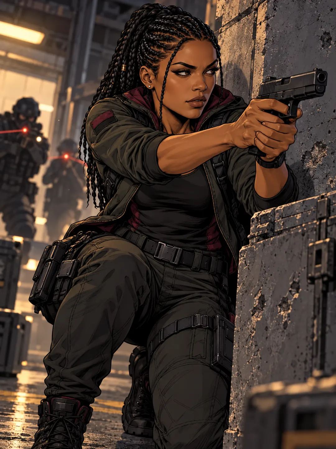 Amari taking cover and aiming a handgun during a hostile field operation
