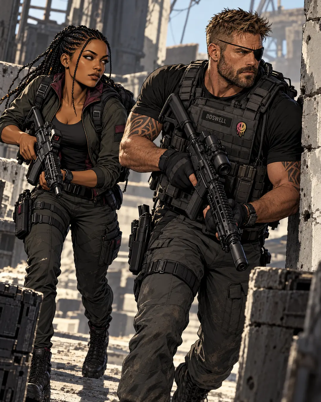 Amari Razman and Latch Boswell moving together with rifles in an urban operation