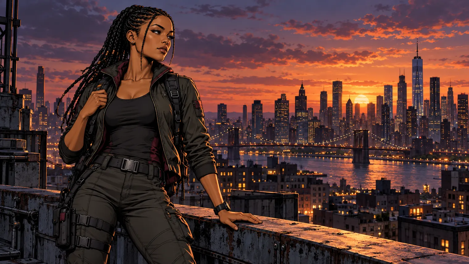 Amari standing on a rooftop against the city skyline at sunset