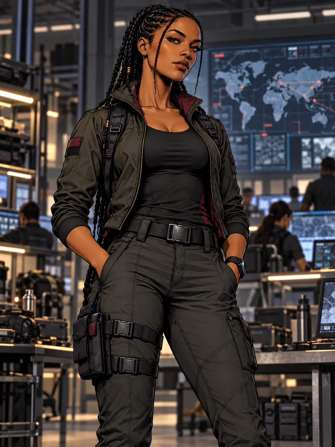 Amari standing in a tactical operations room with electronic map displays