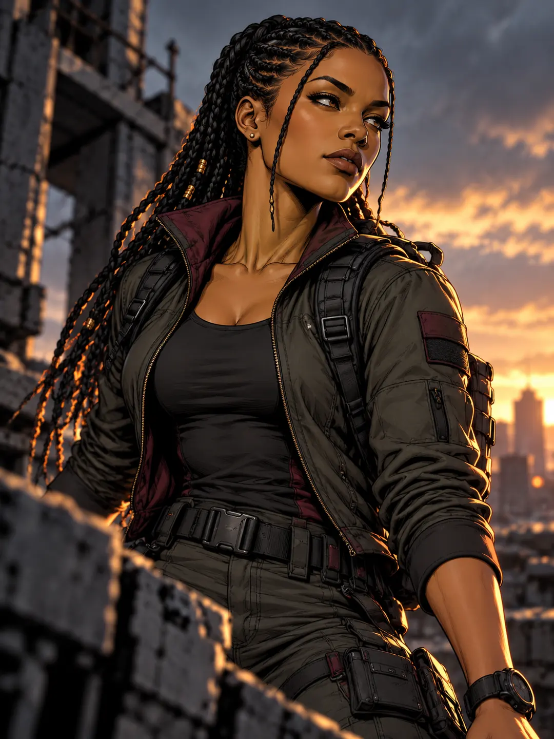 Amari in dark reconnaissance gear overlooking a city at sunset