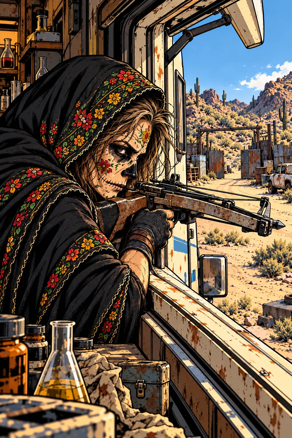 Ballestera aims a weathered crossbow from the side of her RV toward the desert