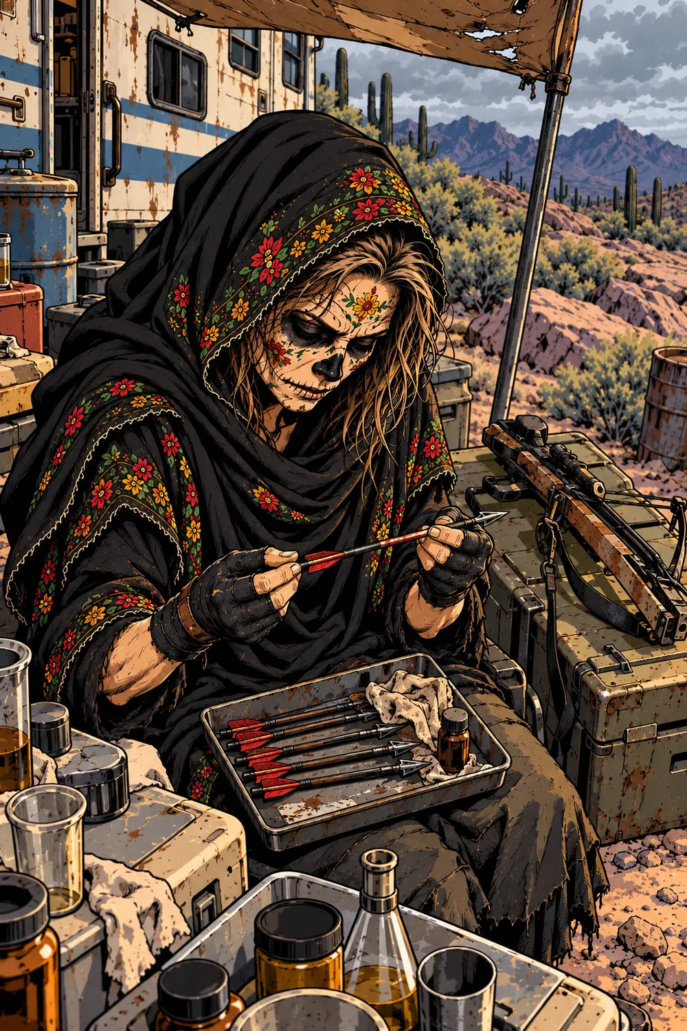 Ballestera examines ammunition and prepared darts in a weathered outdoor RV work area