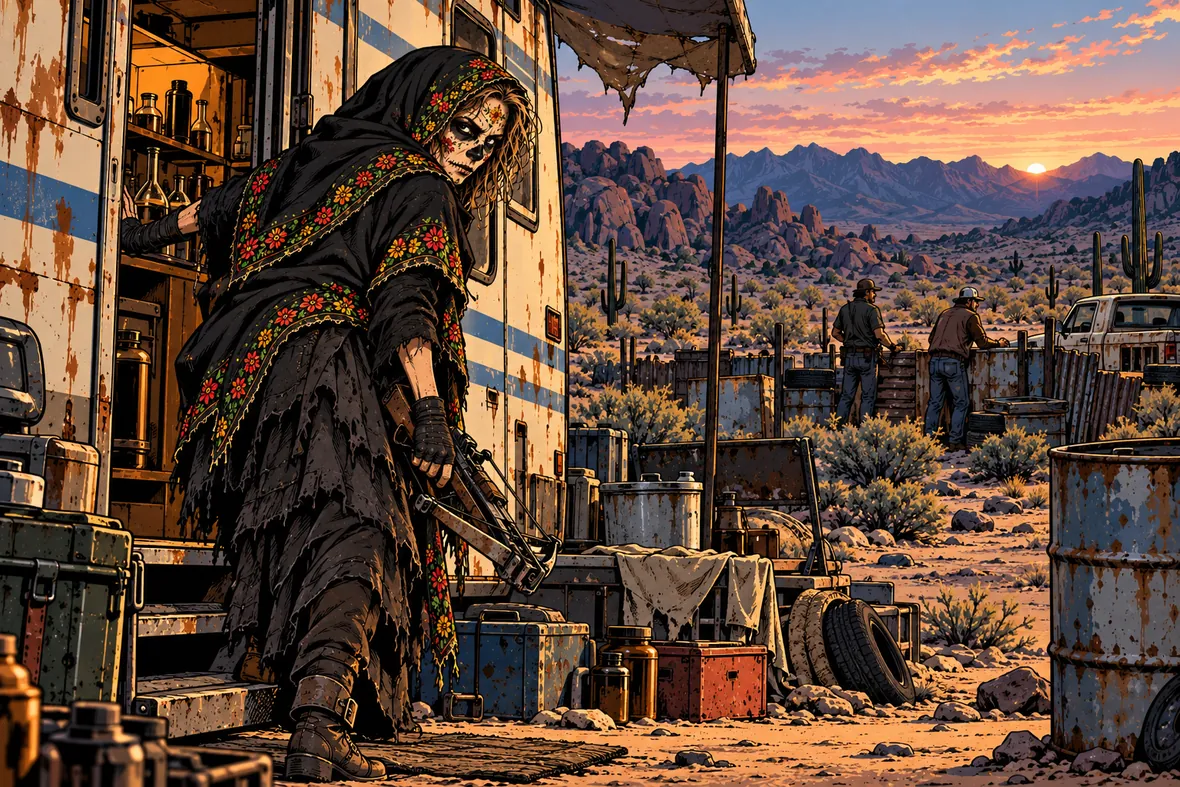 Ballestera stands at her weathered RV amid desert equipment and distant mountains at sunset
