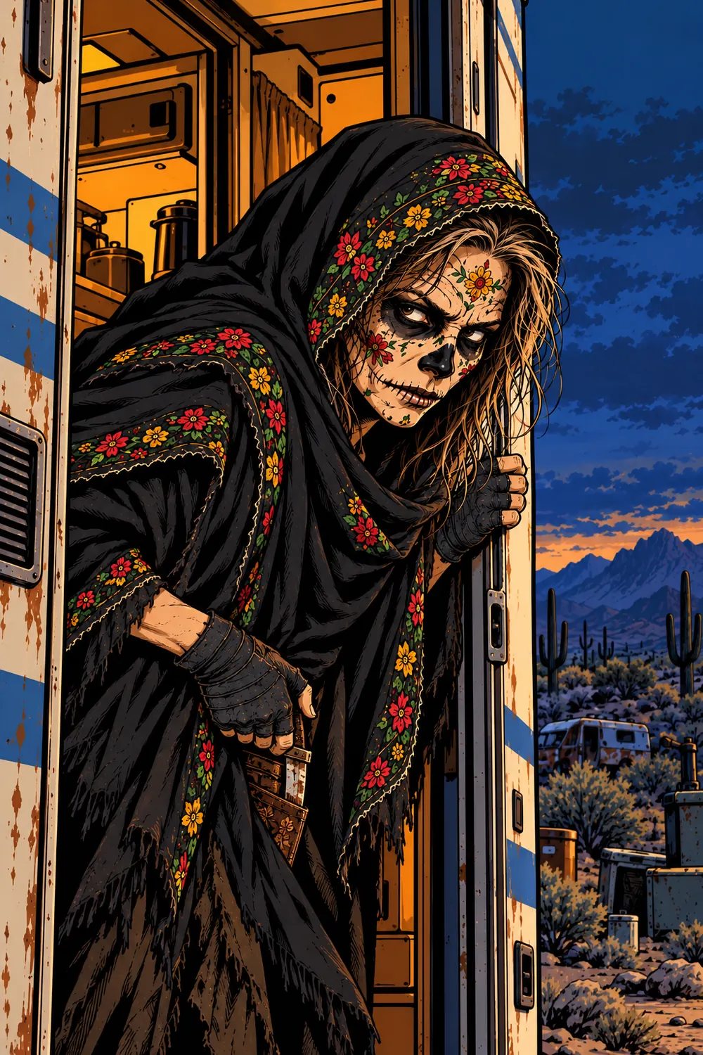 Ballestera looks out from the doorway of her aging desert RV beneath her flower-embroidered black hood