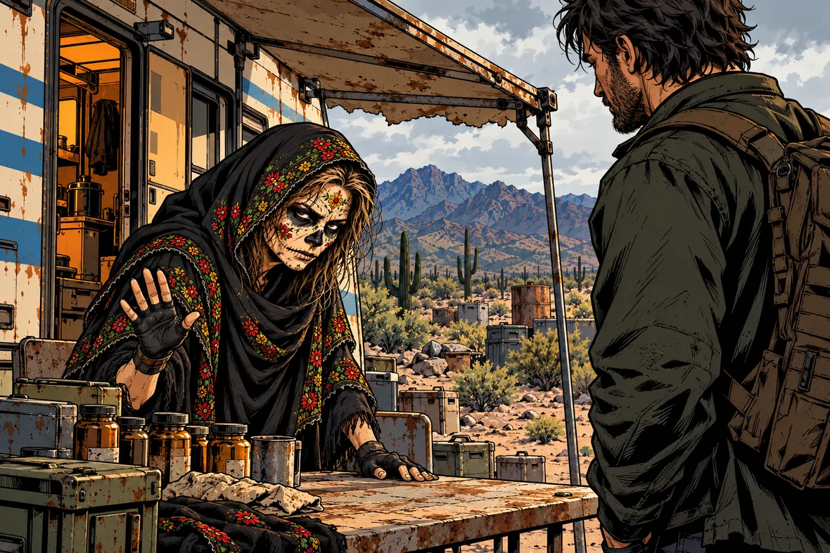 Ballestera confronts a visitor at her chemical workbench outside a desert RV
