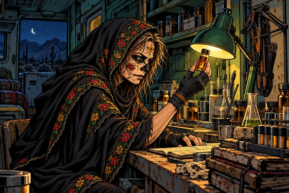 Ballestera beneath an embroidered black hood working in a weathered RV chemistry laboratory