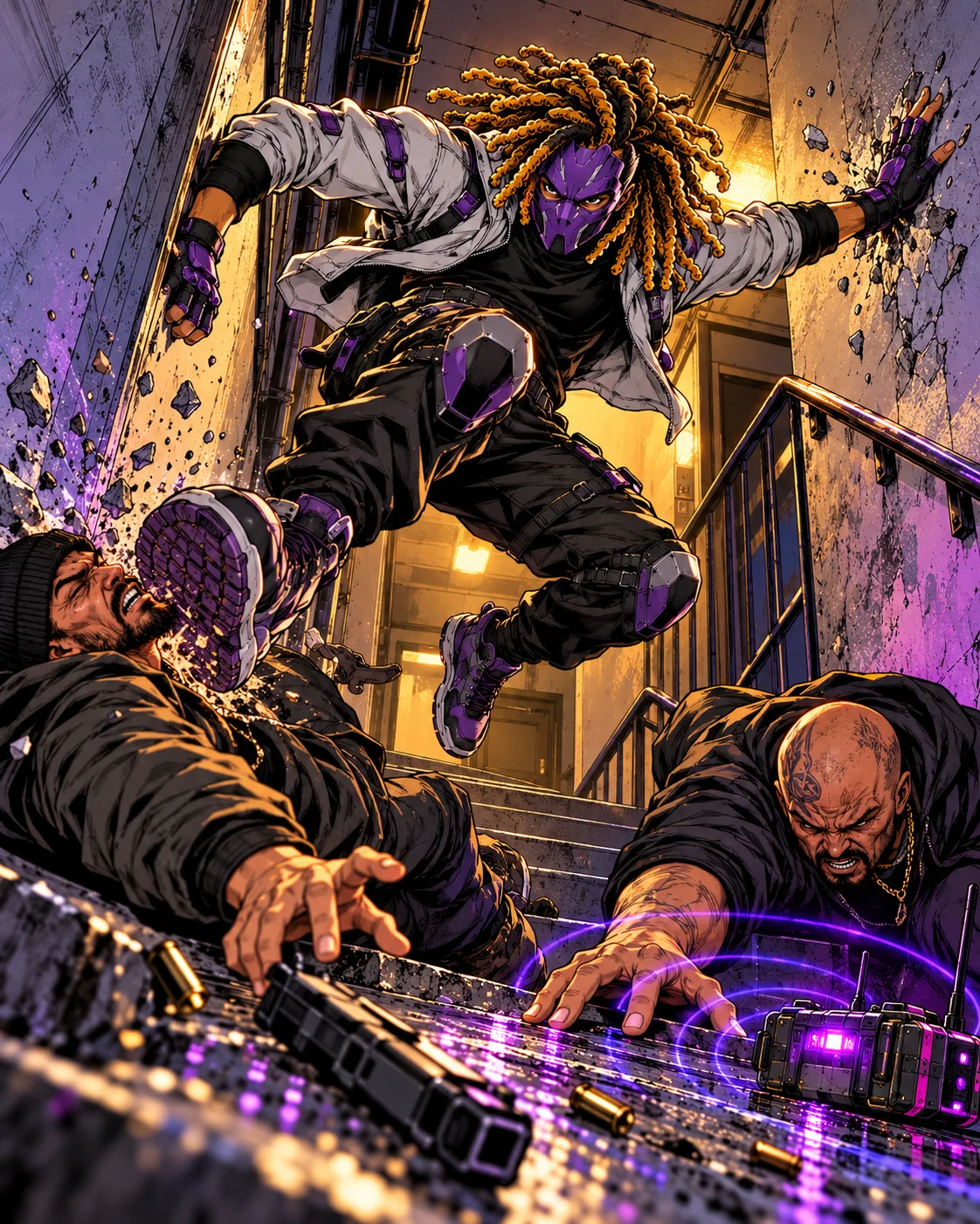 Commotion using a stairwell and its railings during a close-quarters fight