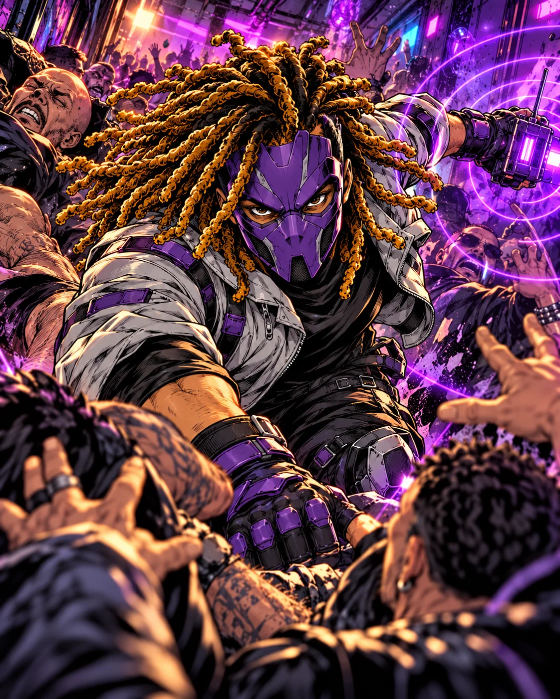 Commotion activating a purple gun-jammer device while fighting through a crowded room