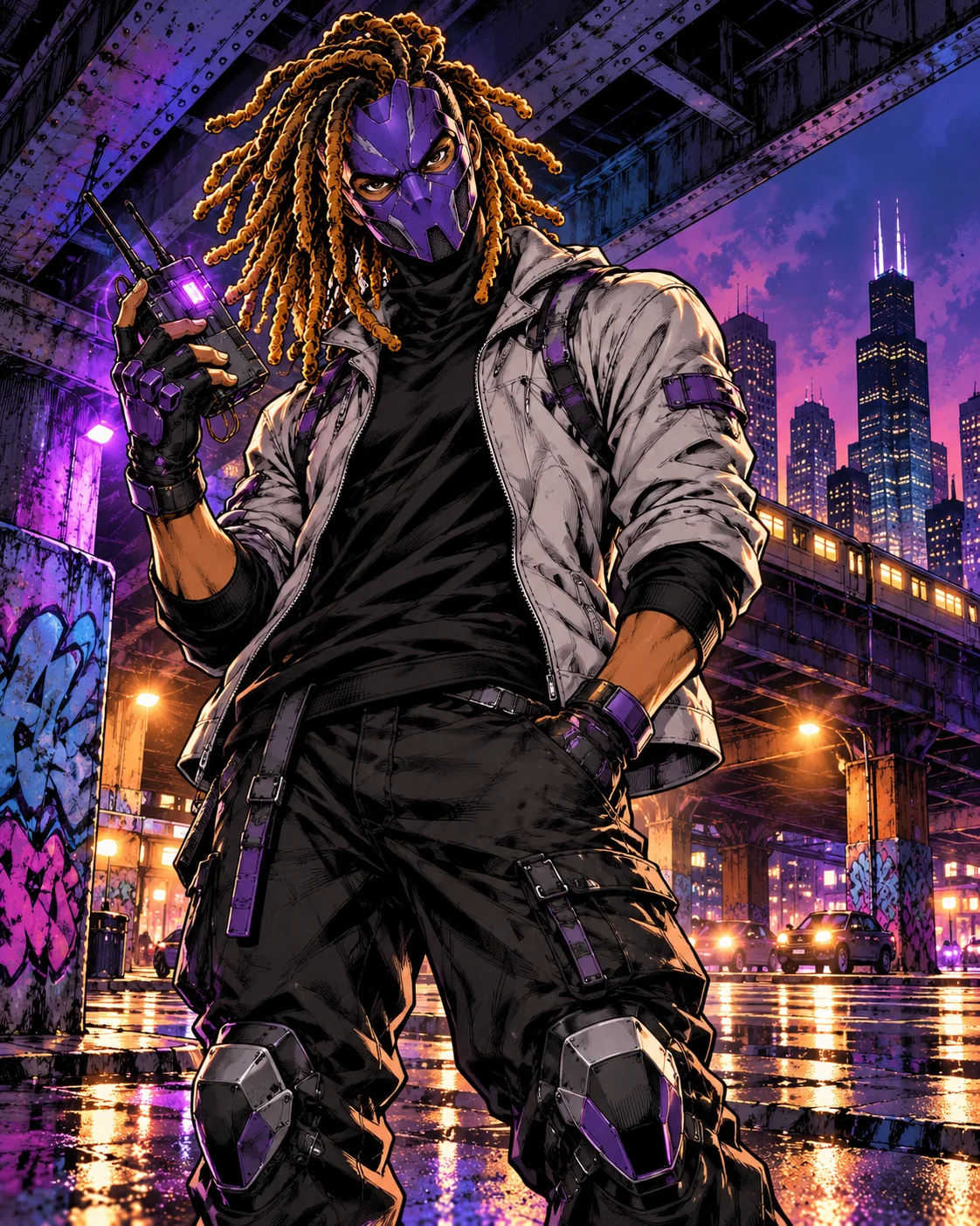 Commotion in his purple mask and gray jacket beneath Chicago elevated tracks
