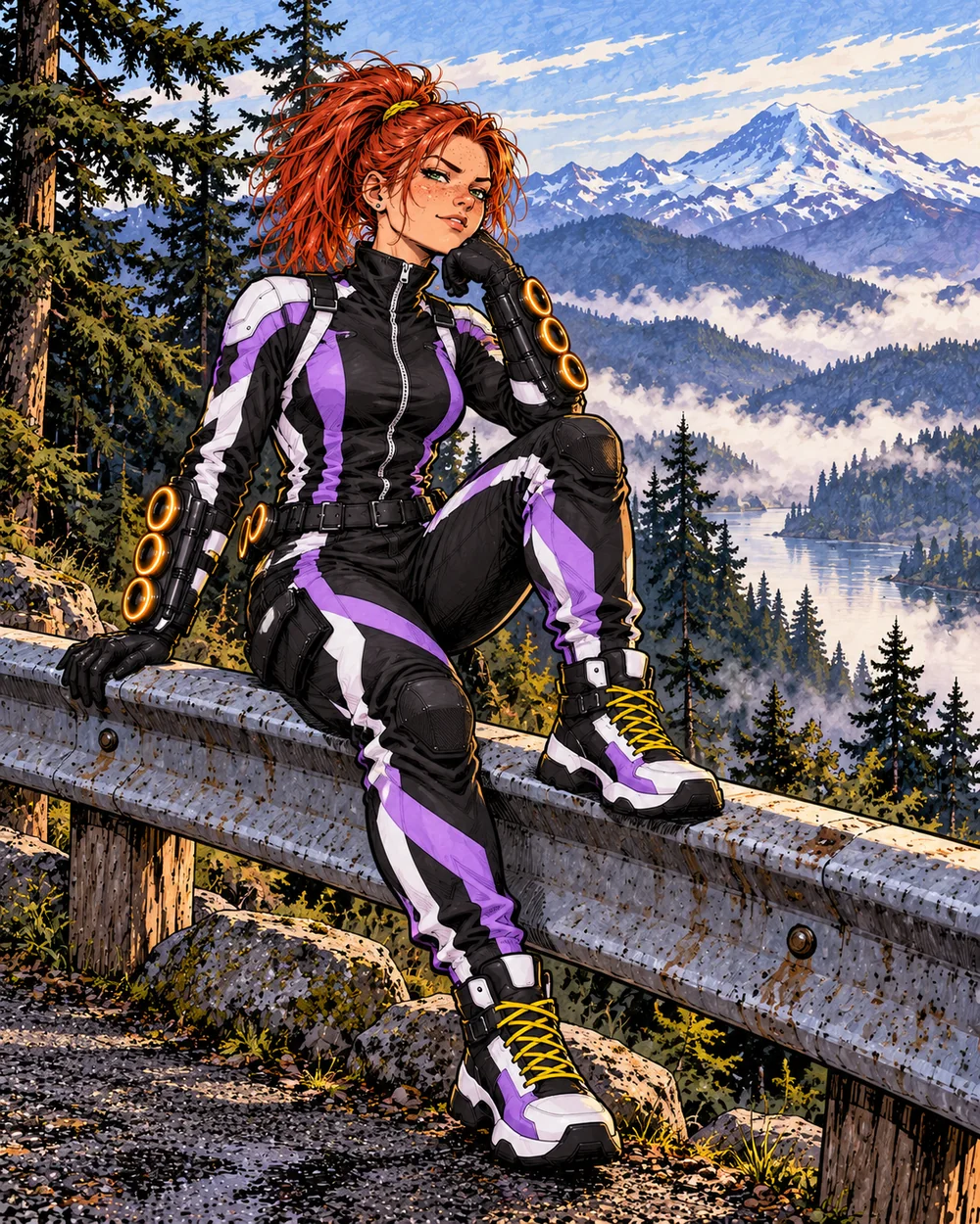 Nikki relaxes in a high-elevation mountain overlook wearing her lilac and black suit with the Cascade landscape behind her