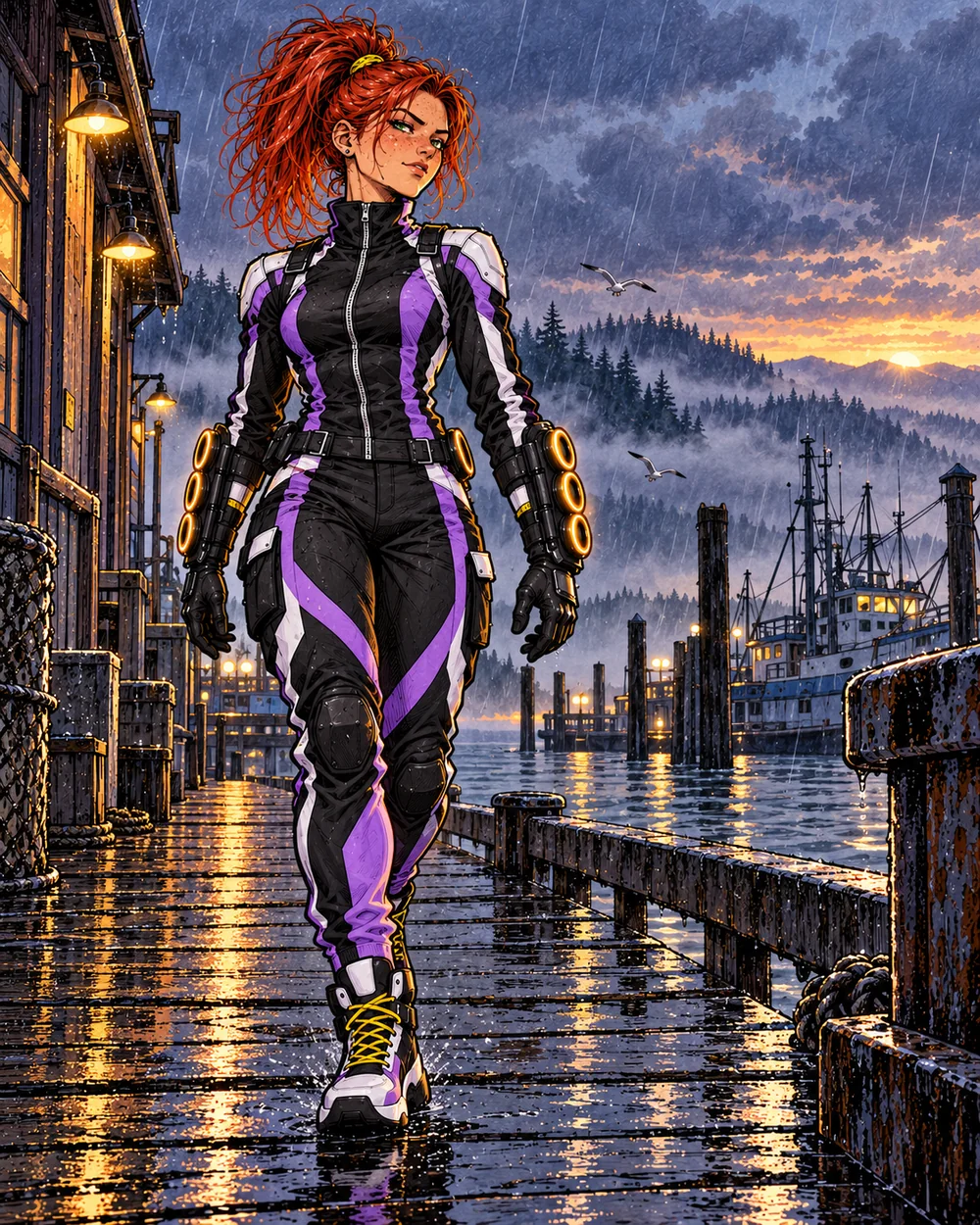 Flying Saucer, Nikki Knotts, on a Seattle harbor walk in a black lilac and white sport-combat tracksuit