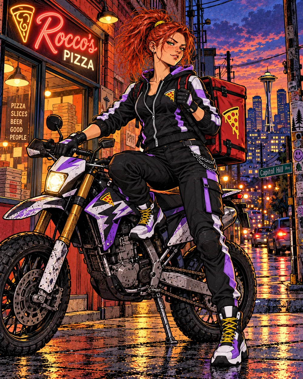 Nikki Knotts rests beside her dirt bike and pizza delivery bag outside a warmly lit Seattle pizza shop