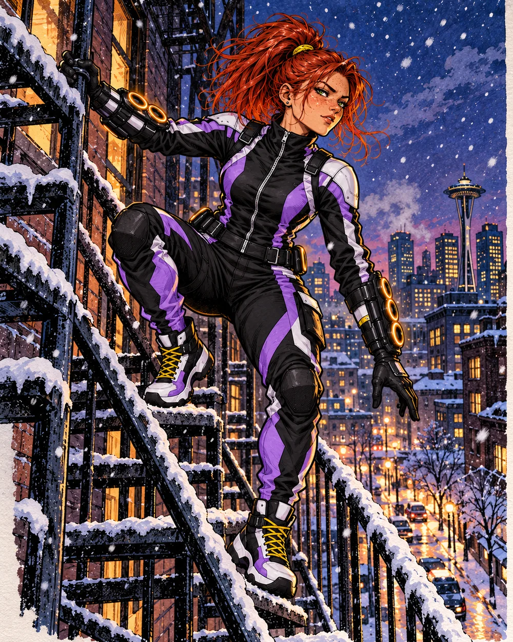 Flying Saucer crosses a snowy Seattle fire escape in lilac and black athletic gear at night