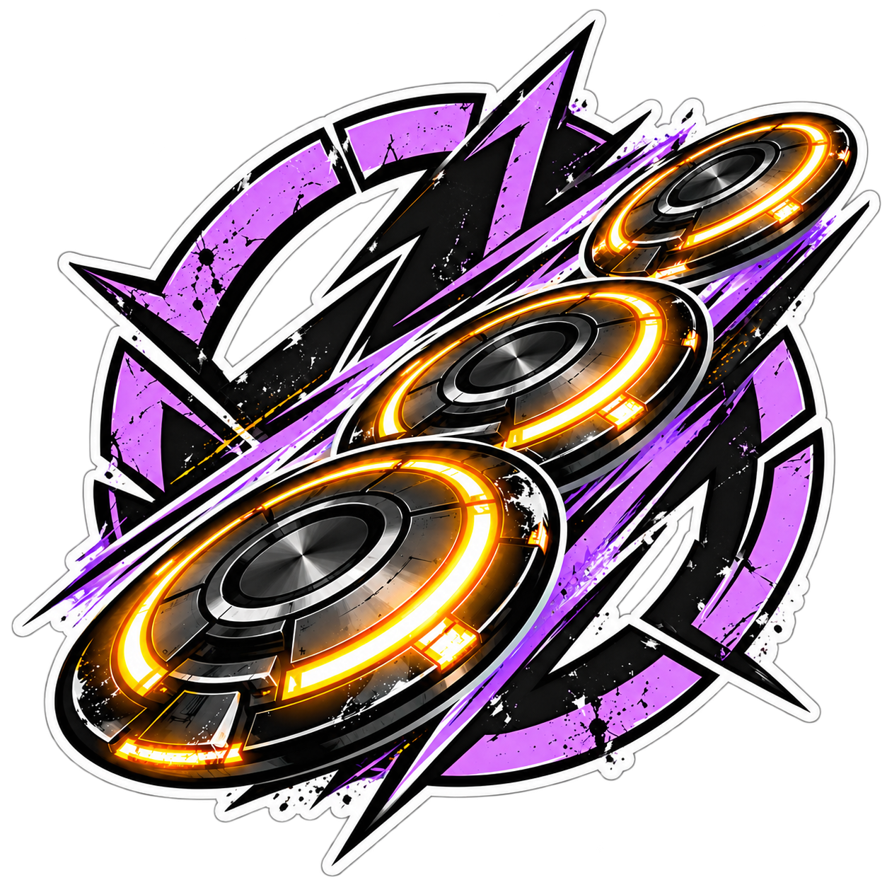 Flying Saucer emblem sticker concept — Three orange-gold mechanical discs slice across fractured lilac and black shapes, finished with a bright white die-cut sticker outline.