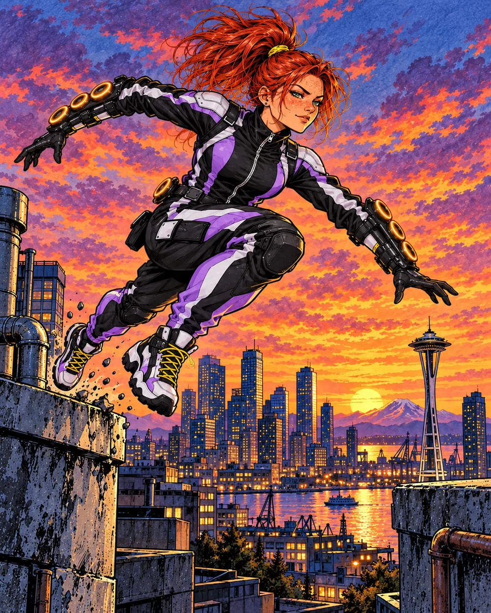 Flying Saucer leaps between city rooftops over Seattle at sunset in a lilac, black and white tracksuit, with orange-ringed discs on her forearms