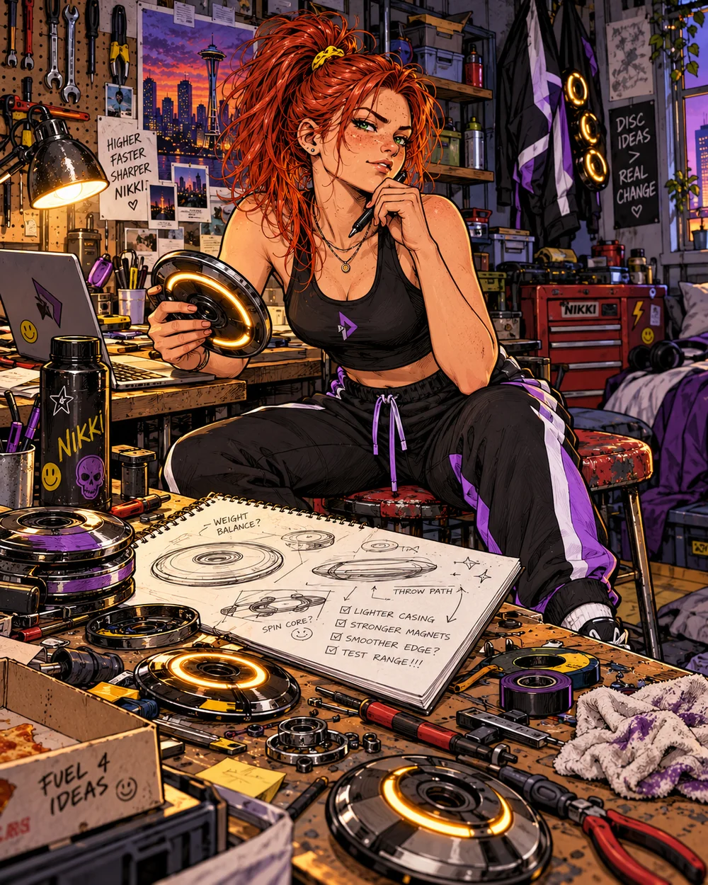 Nikki reviews mechanical disc prototypes, drawings and tools in her cluttered Seattle workshop