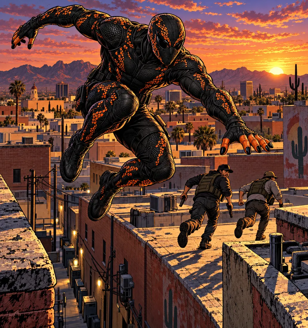 Gila Monster leaping across a Tucson rooftop at sunset