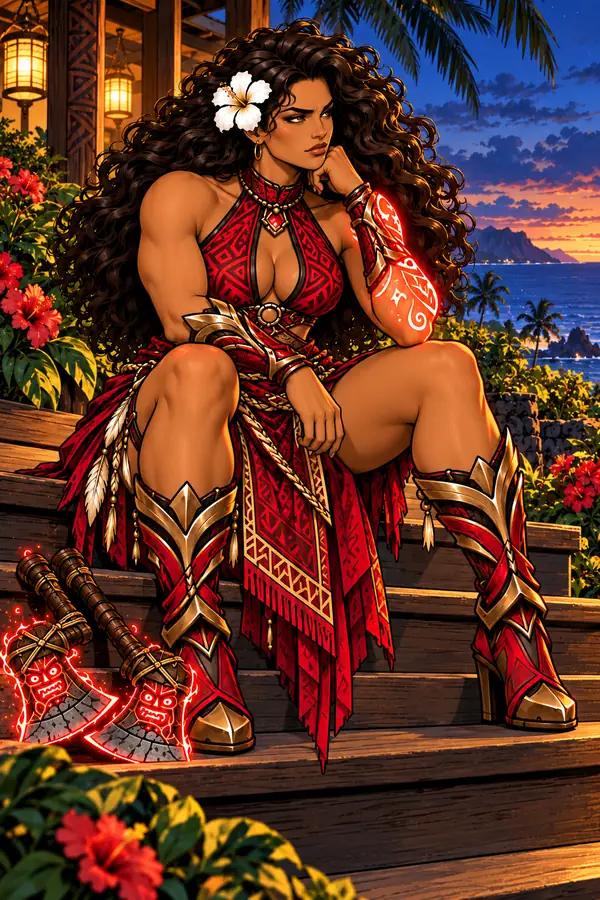 Kokio seated in her crimson ceremonial battle suit with her ritual hatchets nearby