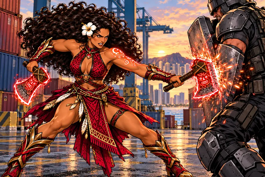 Kokio wielding two glowing ritual hatchets against an armored opponent