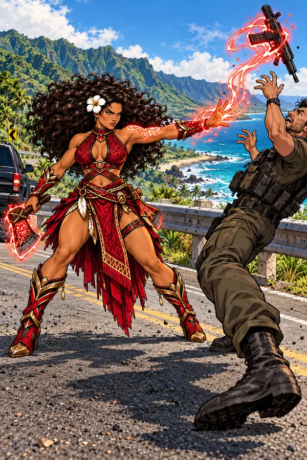 Kokio using red supernatural force to disarm an armed opponent