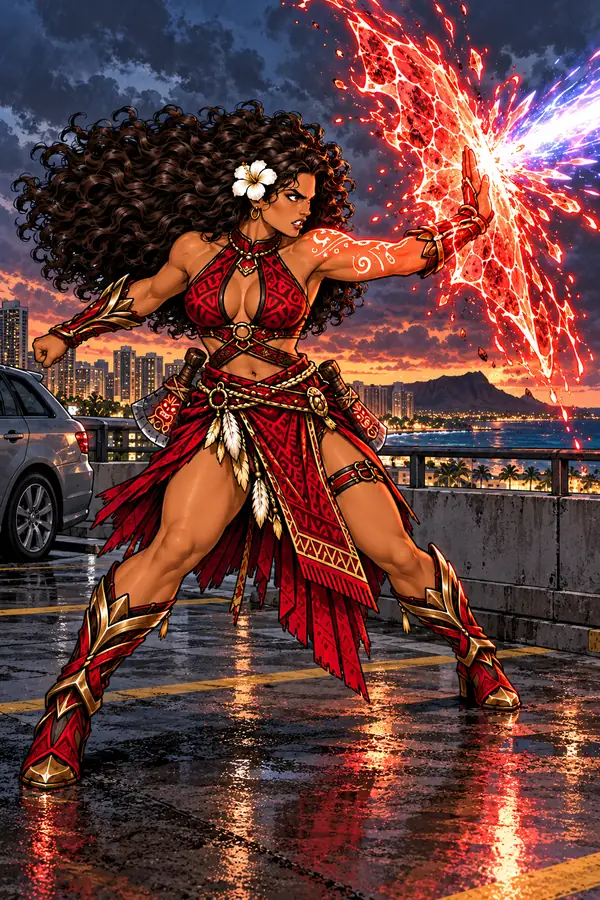 Kokio intercepting an energy attack with a red supernatural barrier