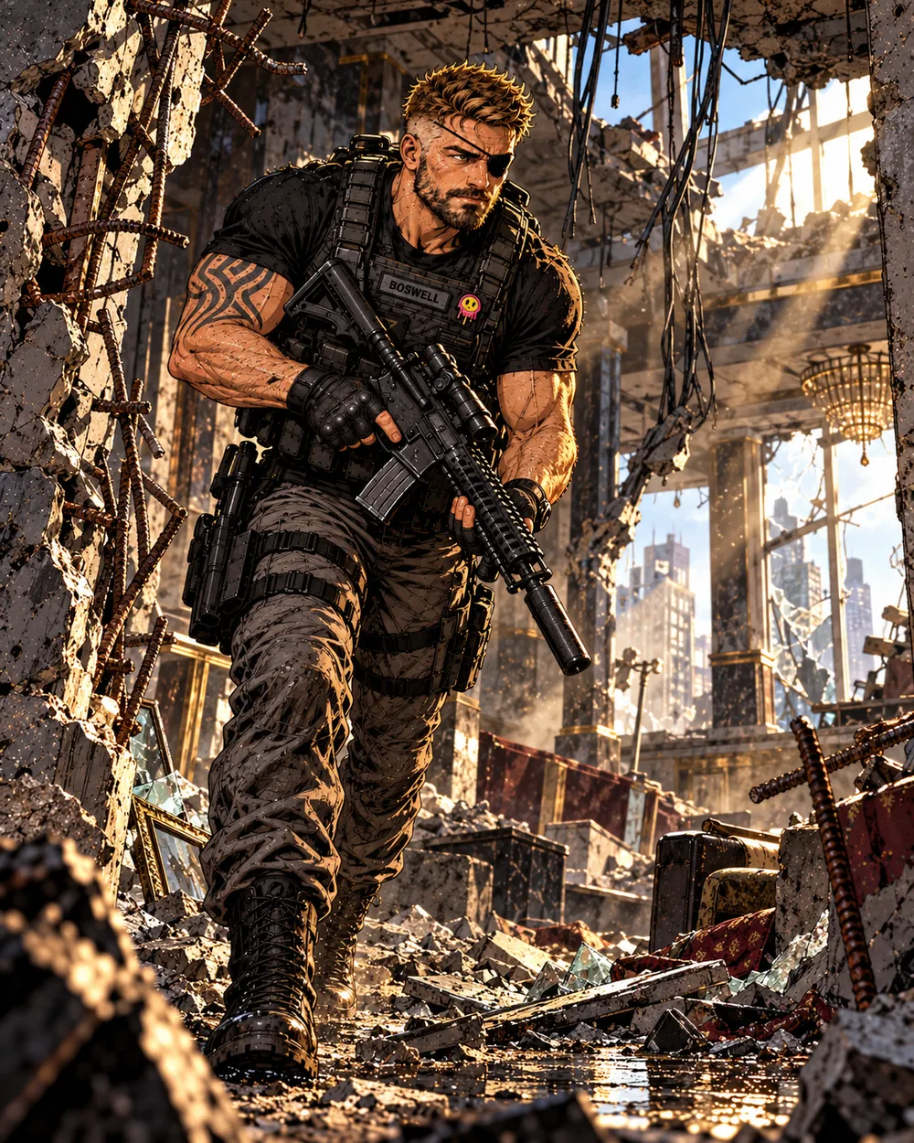 Latch advancing through a heavily damaged building in tactical gear