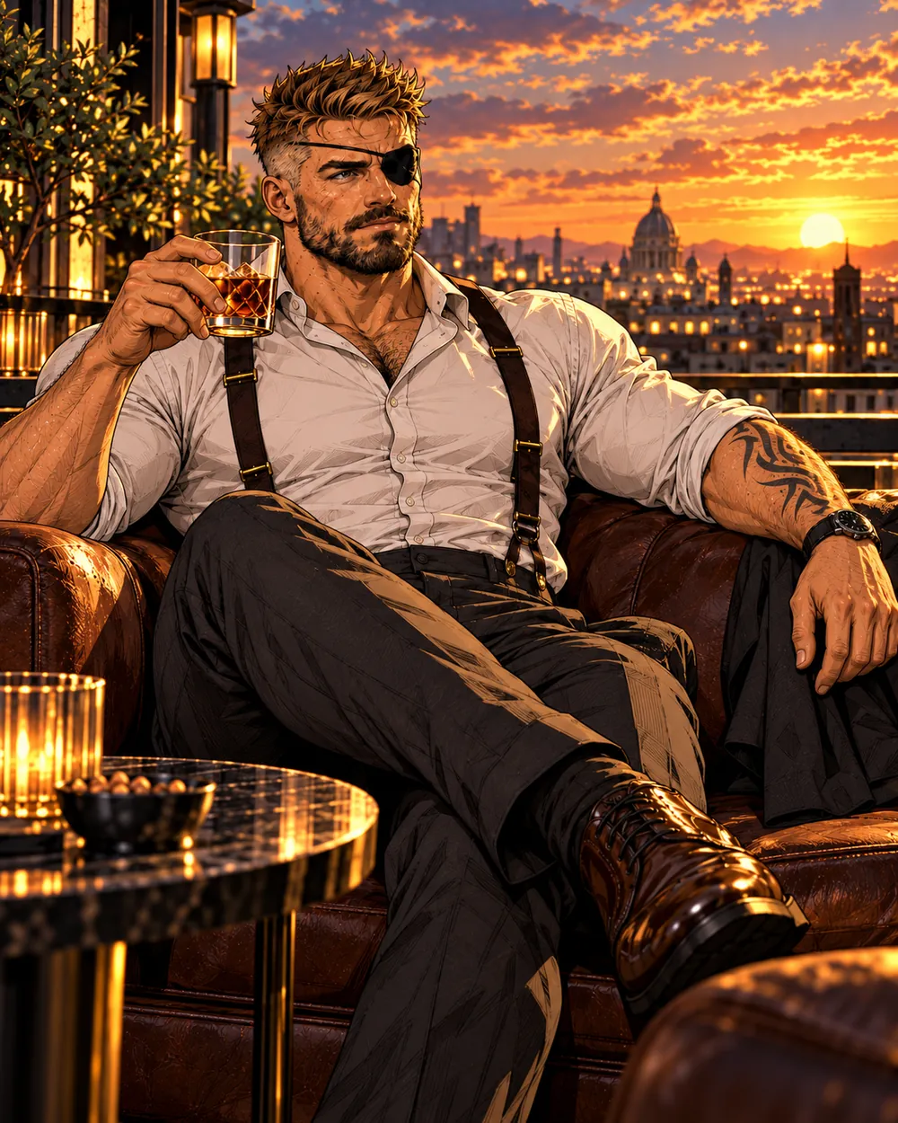 Latch relaxing in civilian clothes with a drink at sunset