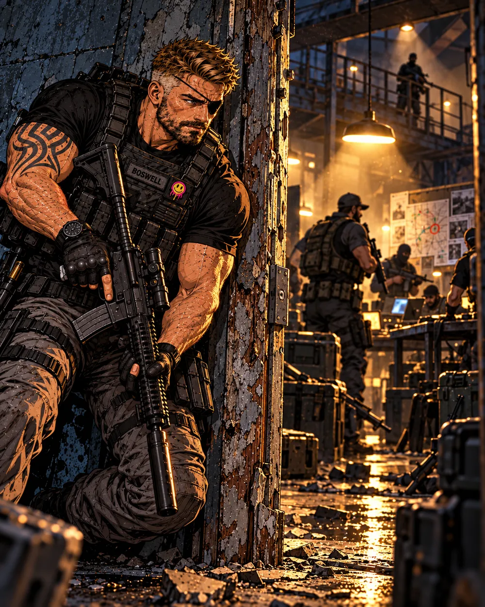 Latch moving through a damaged operational environment with a rifle