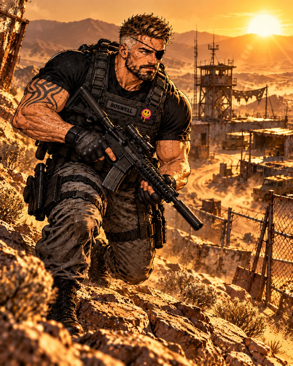 Latch moving through a desert operational environment with a rifle