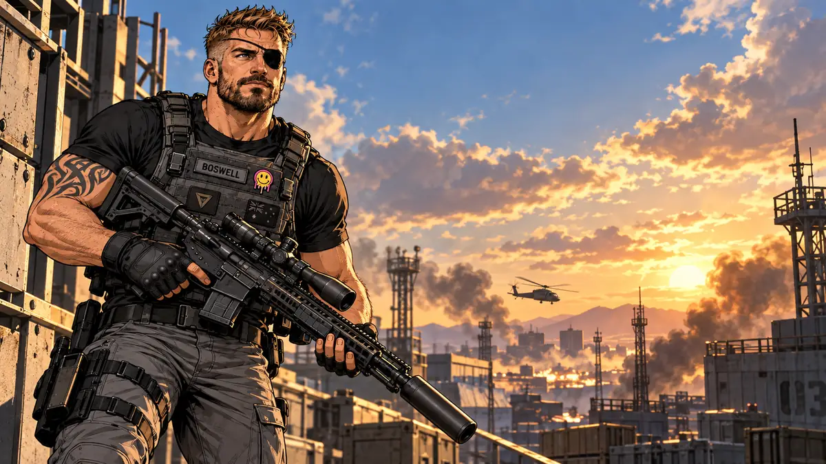 Latch in tactical gear carrying a suppressed rifle at sunset