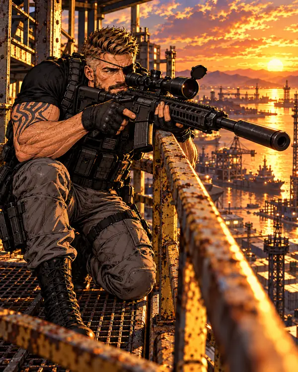 Latch aiming a scoped rifle from an elevated position