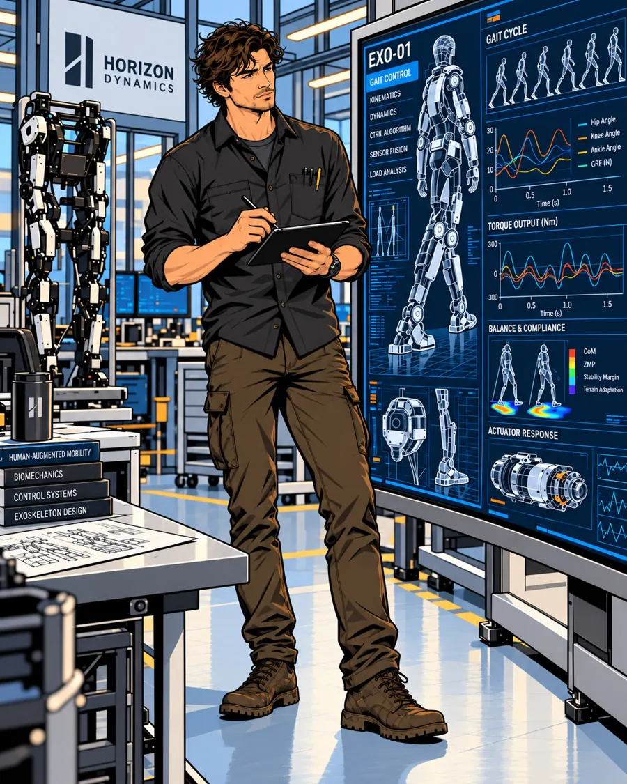 Max Corbett checking exoskeleton gait-control readouts at a robotics lab