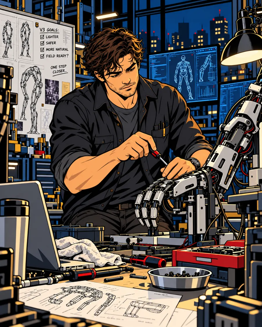 Max Corbett troubleshooting a mechanical prosthetic assembly at night