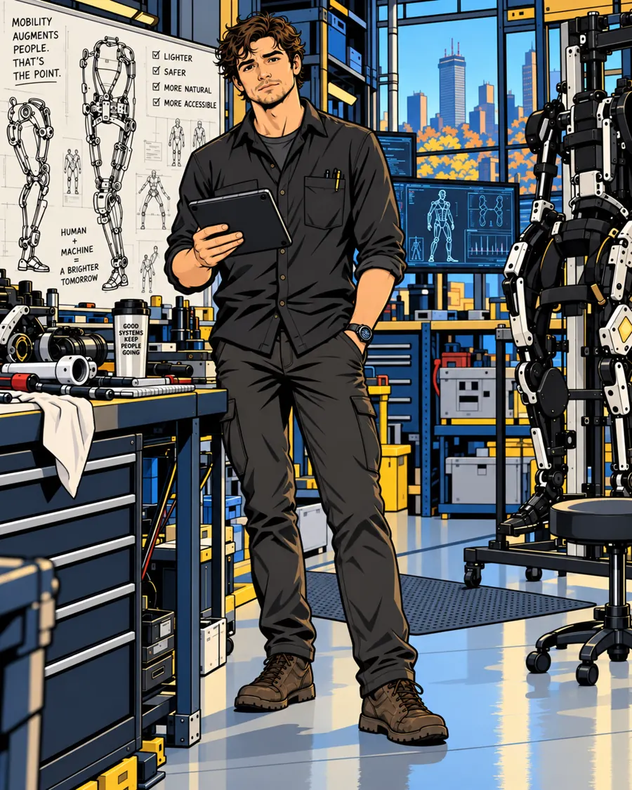 Max Corbett, civilian mechatronics engineer, holding a tablet in his Boston-area exoskeleton workshop