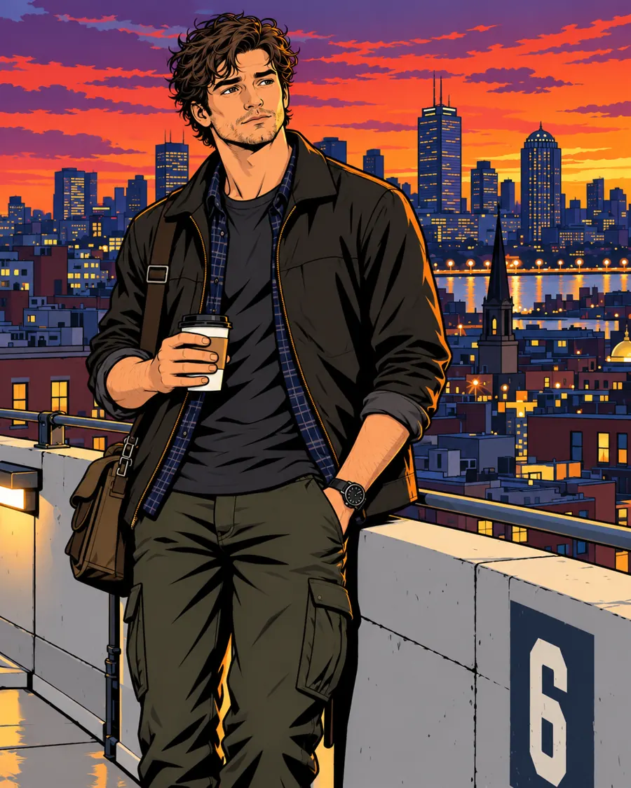 Max Corbett with a coffee on a Boston-area rooftop at sunset
