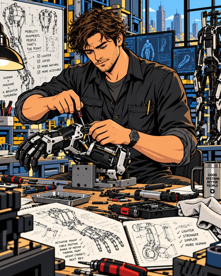 Max Corbett assembling a precision robotic hand at his workbench