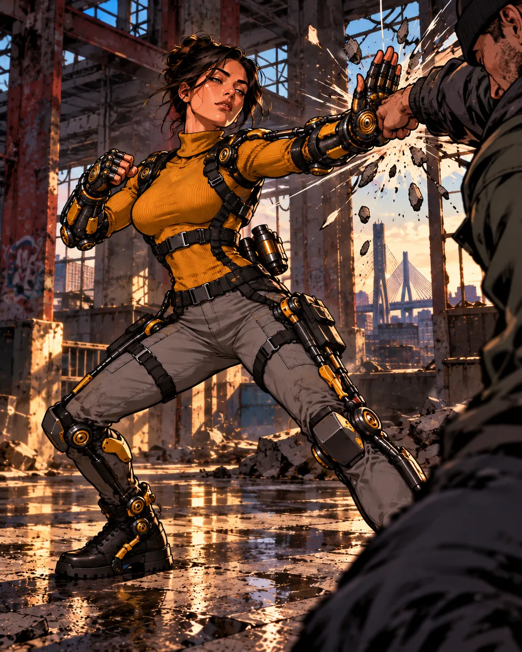 Mandy Ledger wearing the mustard turtleneck and black-gold exo-frame while intercepting a punch with her reinforced palm