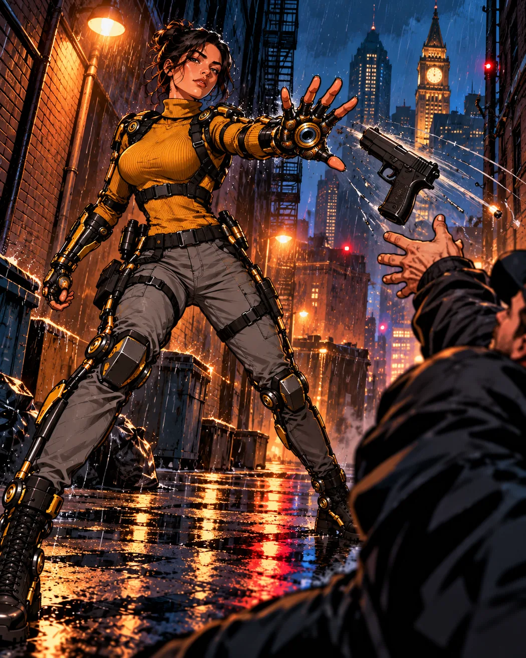 Remedie extending the mechanical palm of her gauntlet while pulling a handgun out of an armed attacker's reach