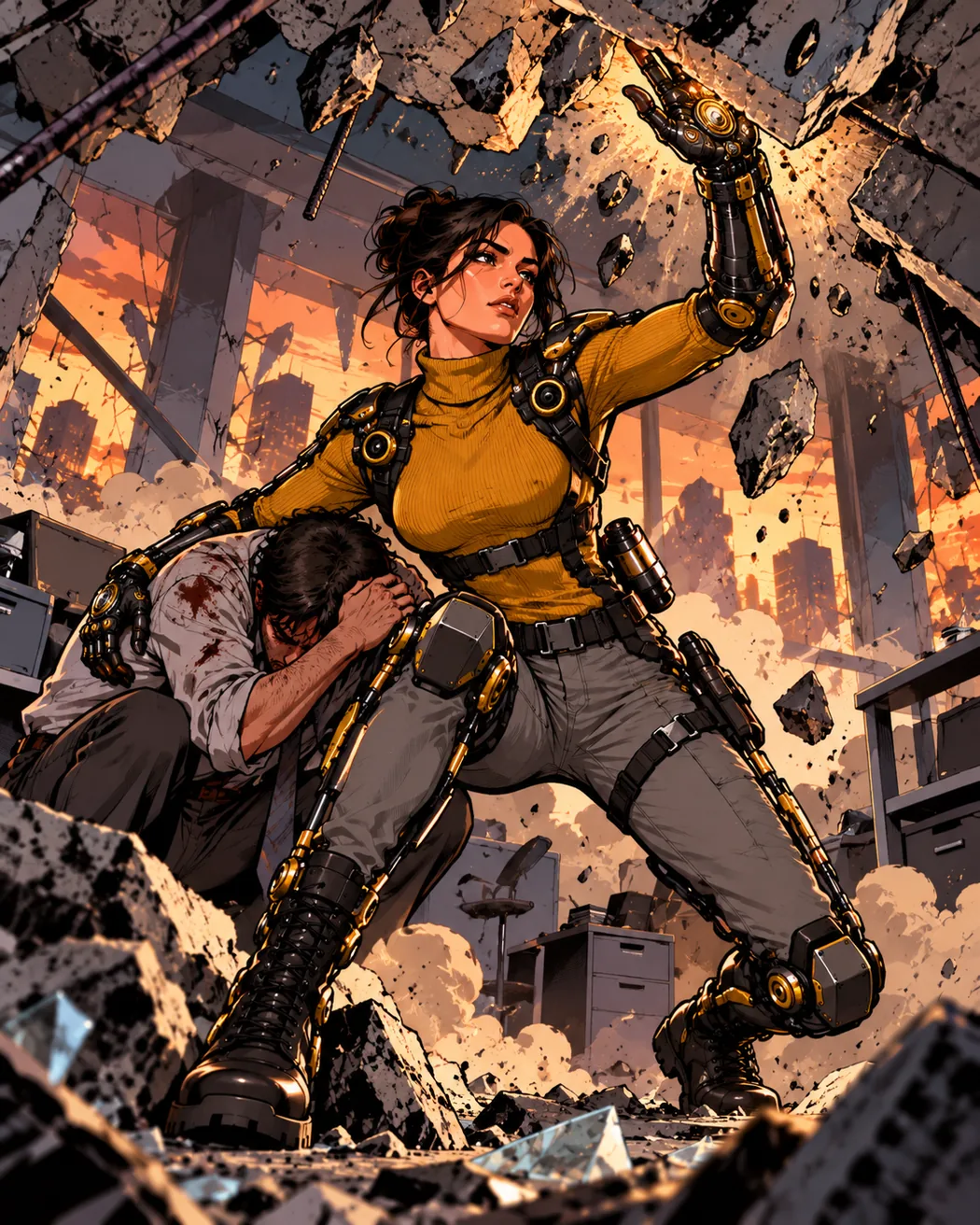 Remedie shielding a civilian under shattered concrete using her reinforced exo-arm and shoulder support