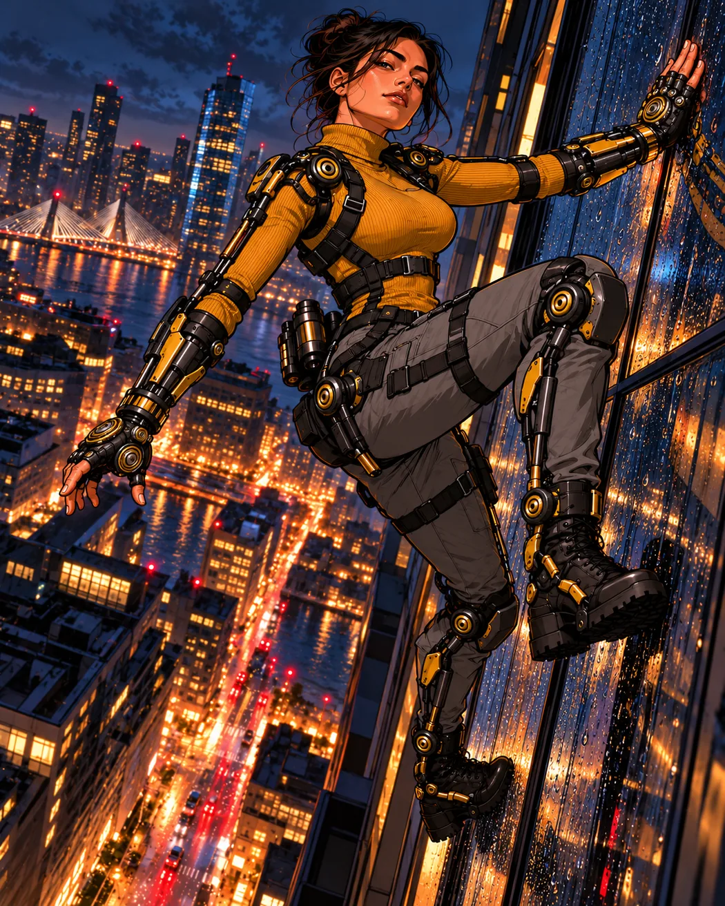 Remedie braced vertically against a Boston high-rise with her exo-frame and gauntlet maintaining contact