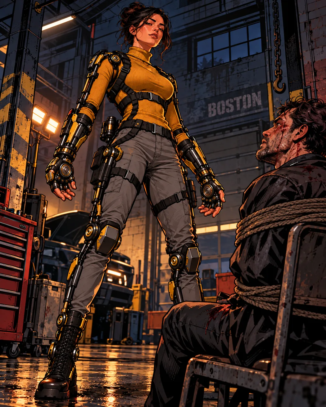 Remedie standing before a wounded, bound man during an industrial interrogation in Boston
