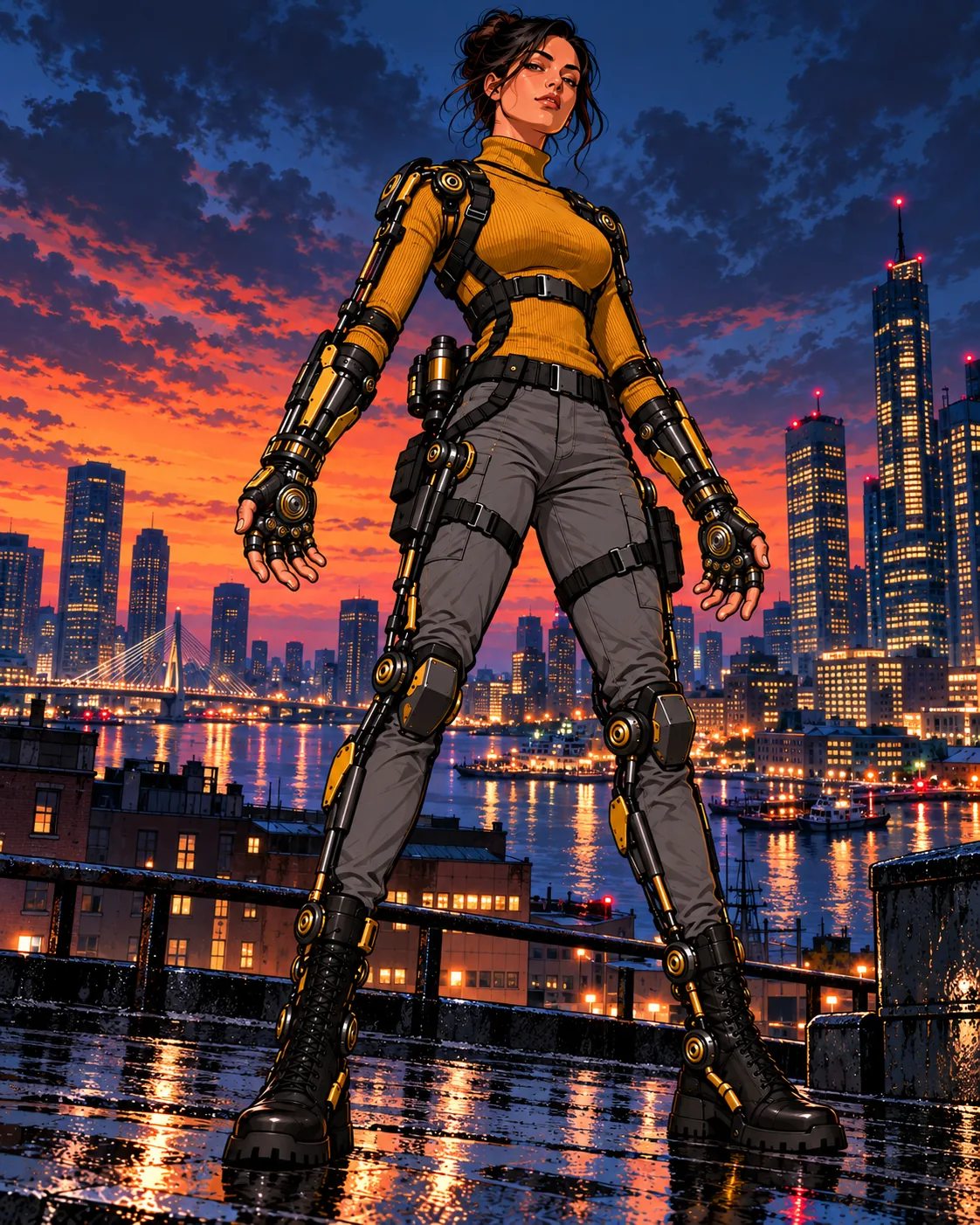 Remedie in the mustard sweater and wearable exo-frame overlooking Boston at sunset